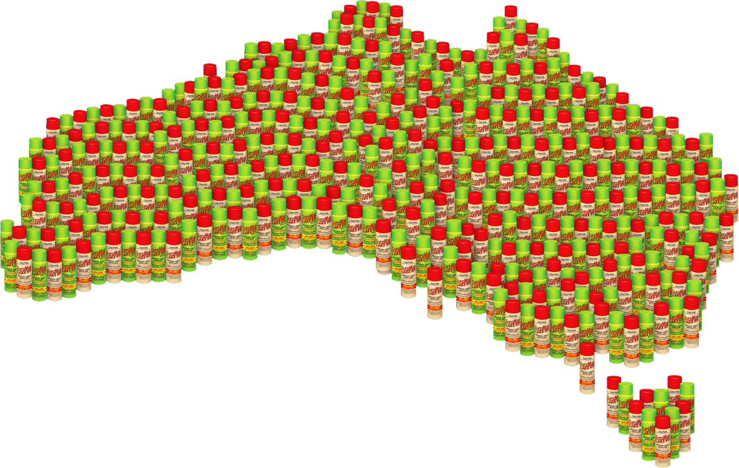 Bushman aerosols cans arranged to form the contenent Australia